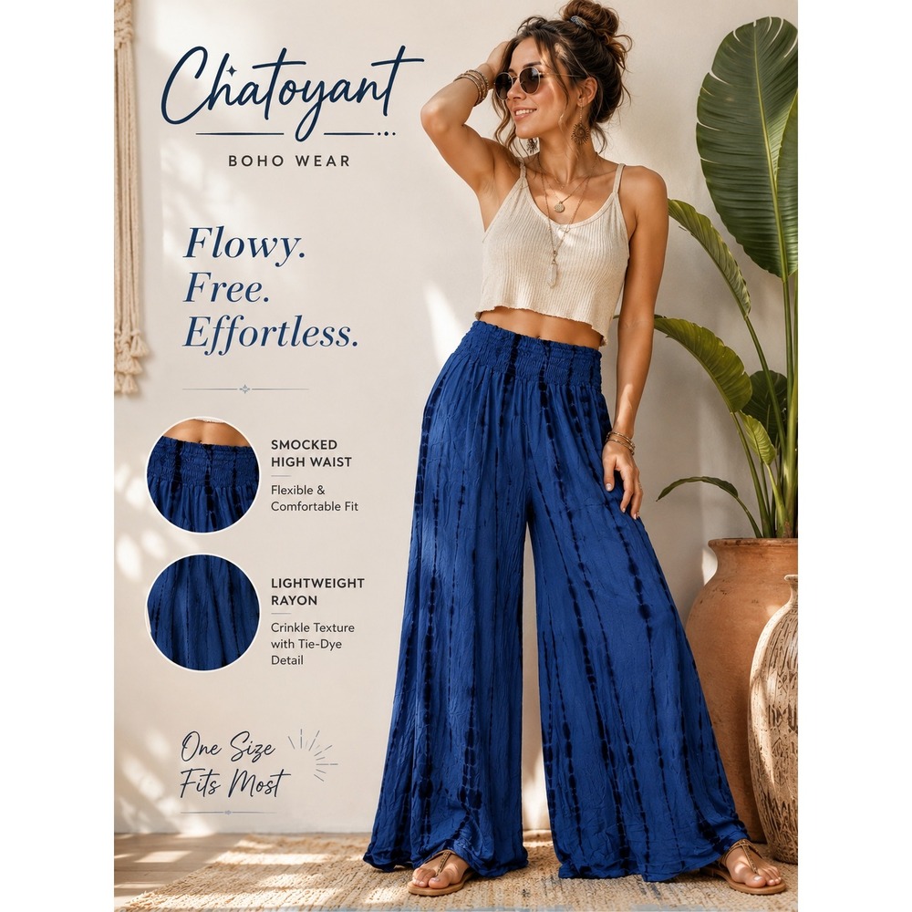 Chatoyant Blue Tie Dye Wide Leg Smocked Waist Pants Womens Medium
